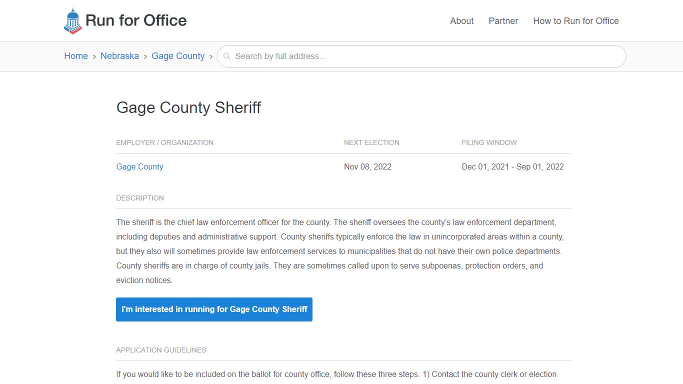 Gage County Sheriff - Run for Office